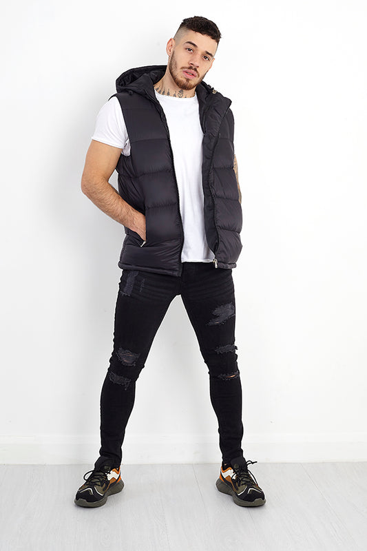 Black Zip Through Hooded Padded Gilet