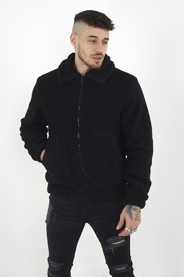 Black Zip Through Collar Detail All Over Borg Jacket