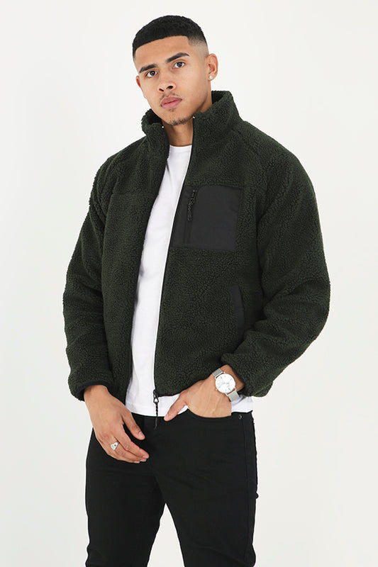 Khaki Funnel Neck Zip Pocket Detail Borg Jacket