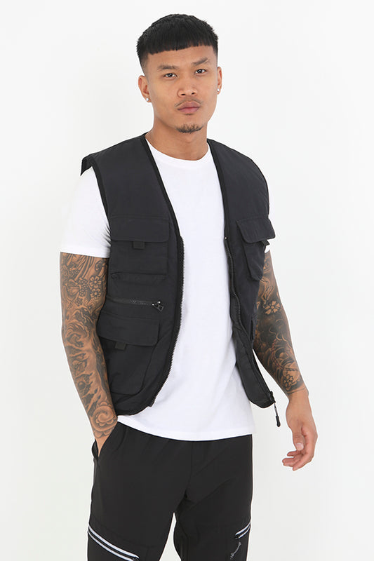 Black Utility Style Zip Through Padded Vest