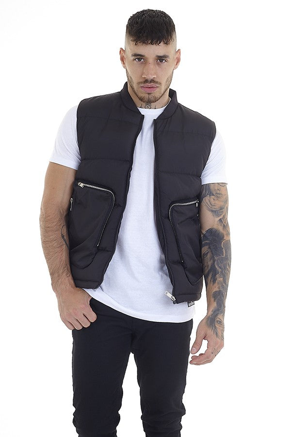 Black Large Pocket Detail Padded Gilet