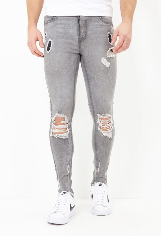 Dark Grey Wash Skinny Ripped Jeans