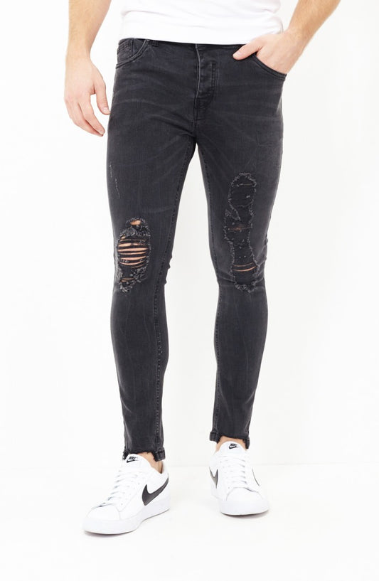 Charcoal Ripped Knee Rose Embroidery Jeans