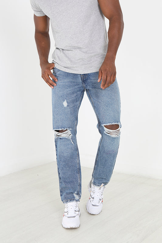 Blue Wash Loose Fit Full Length Ripped Denim Jeans