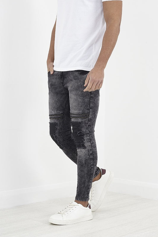 Dark Grey Washed Biker Style Panel Detail Denim Jeans