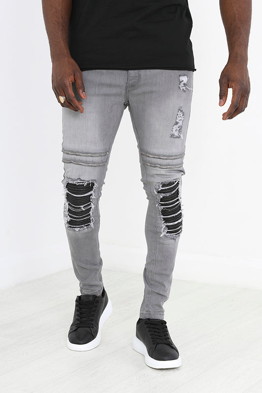 Grey Biker Panel Distressed Skinny Denim Jeans