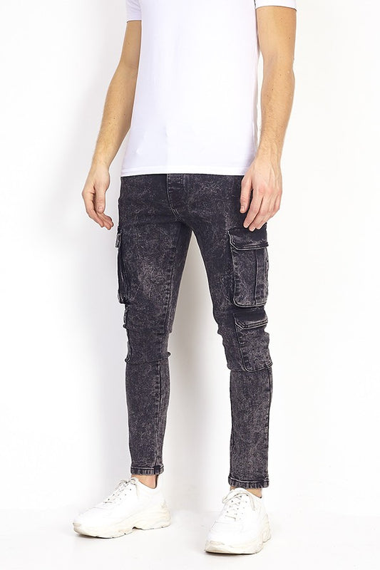Acid Wash Denim Skinny Fit Jean X4 Cargo Style Pockets