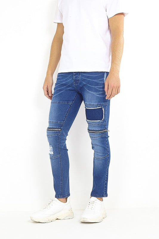 Zip Detail Distressed Look Ripped Skinny Jeans