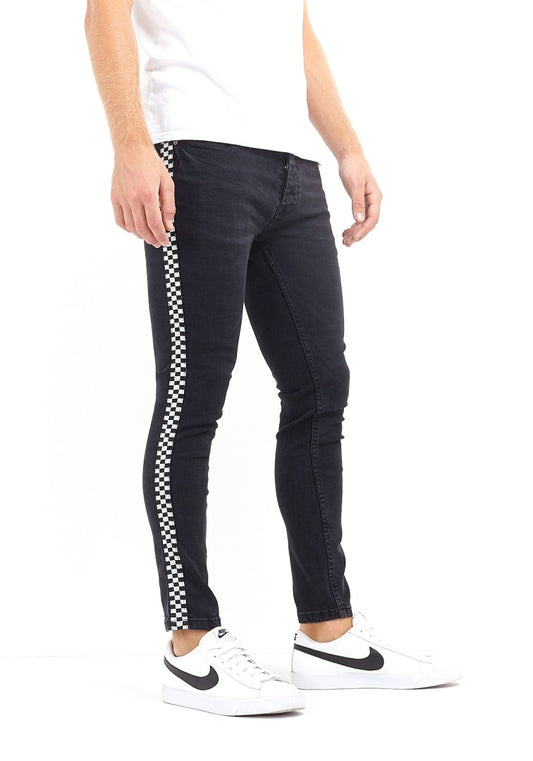 Chequered Tape Detail Washed Charcoal Skinny Jeans