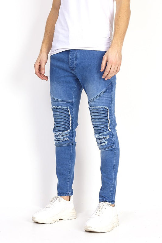 Biker Stitch Blue Ripped Jeans