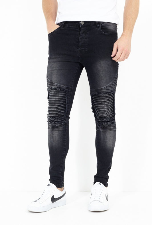 Biker Stitch Detail Ripped Charcoal Jeans