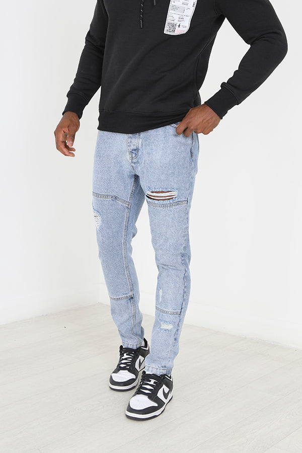 Mid Blue Wash Ripped Detail Slim Fit Denim Jeans
