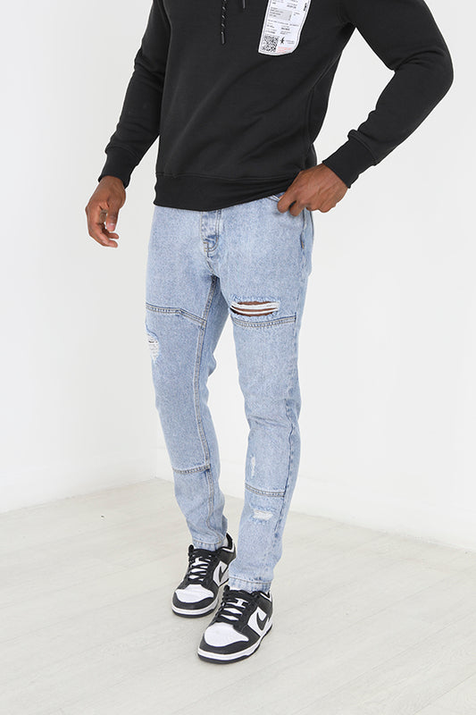 Mid Blue Wash Ripped Detail Slim Fit Denim Jeans