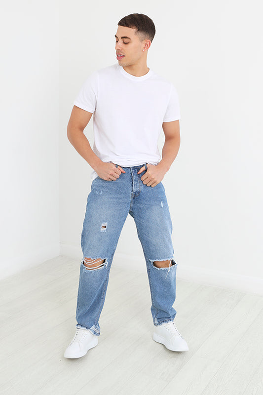 Blue Wash Ripped Detail Loose Fit Denim Jeans