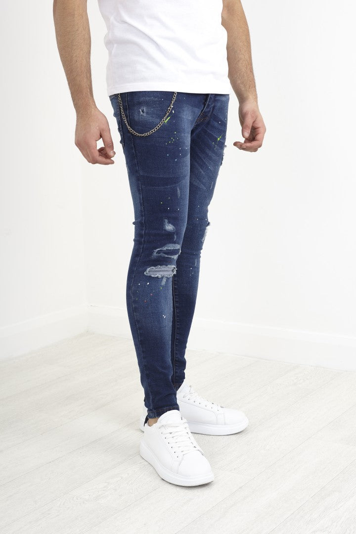 Mid Blue Paint Splat Detail Ripped Denim Jeans