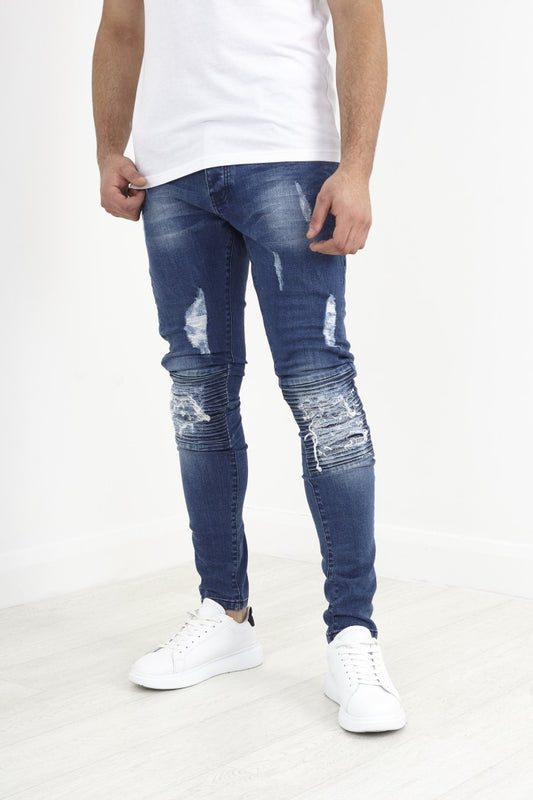 Mid Blue Biker Style Zip Detail Ripped Denim Jeans
