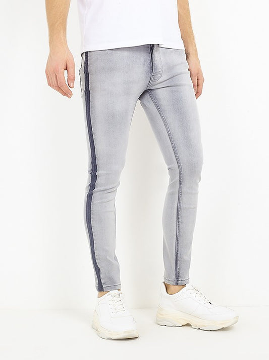 Side Stripe Detail Washed Grey Denim Jeans