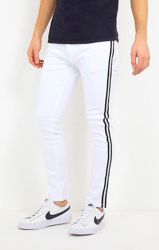 Striped Tape Detail White Skinny Jeans