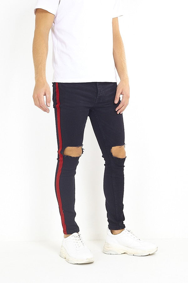 Tape Detail Ripped Knee Charcoal Skinny Jeans