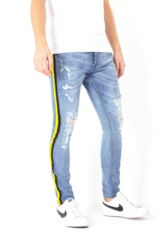 Yellow Side Seam Tape Detail Distressed Jeans