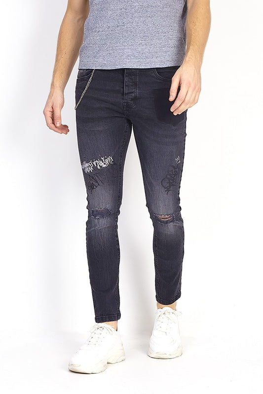 Chain Detail Ripped Graffiti Dark Charcoal Jeans