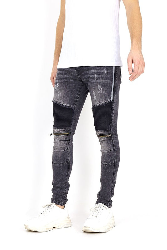 Washed Black Denim Panel Detail Biker Jeans