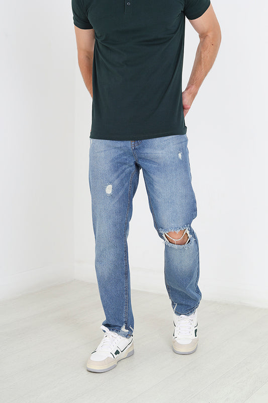 Mid Blue Wash Ripped Knee Relaxed Fit Jeans
