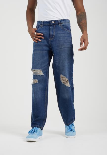 Denim Straight Jean Rips At Knees