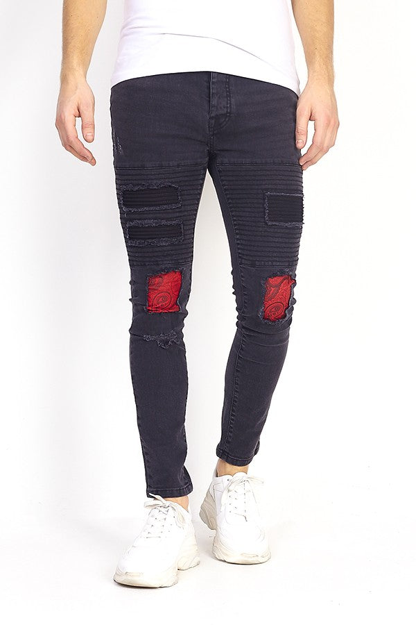 Paisley Print Patch Detail Charcoal Skinny Jeans