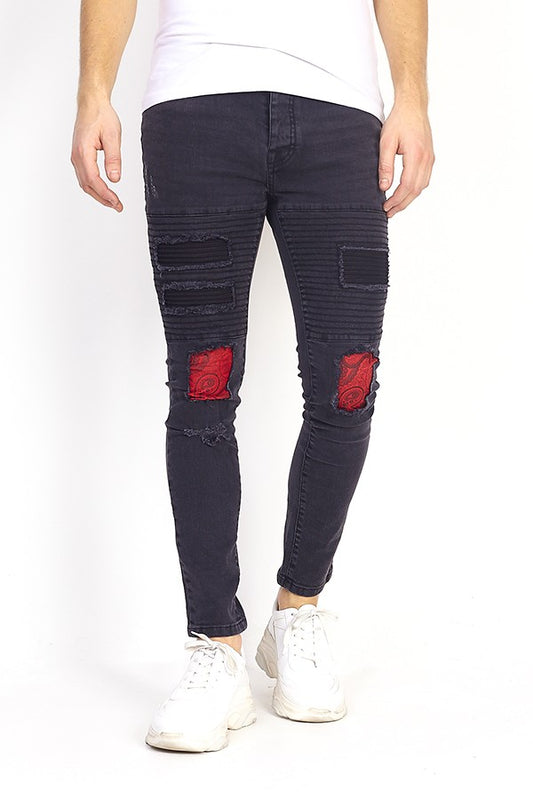 Paisley Print Patch Detail Charcoal Skinny Jeans
