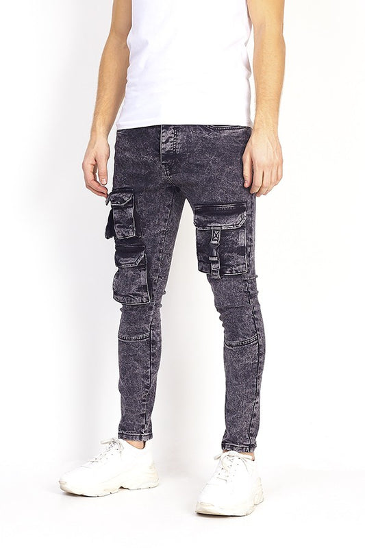 Cargo Style Charcoal Acid Wash Skinny Jeans