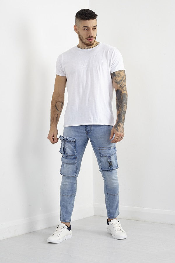 Blue Wash Pocket Detail Cargo Style Denim Jeans