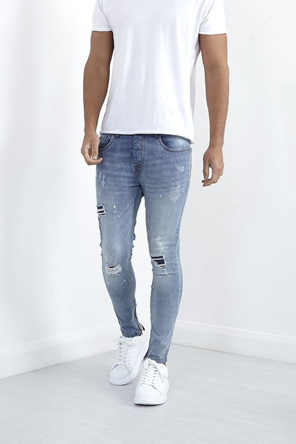 Light Blue Skinny Fit Zip Detail Ripped Denim Jeans