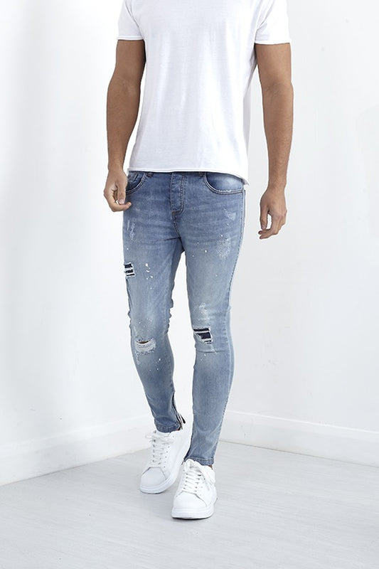 Light Blue Skinny Fit Zip Detail Ripped Denim Jeans