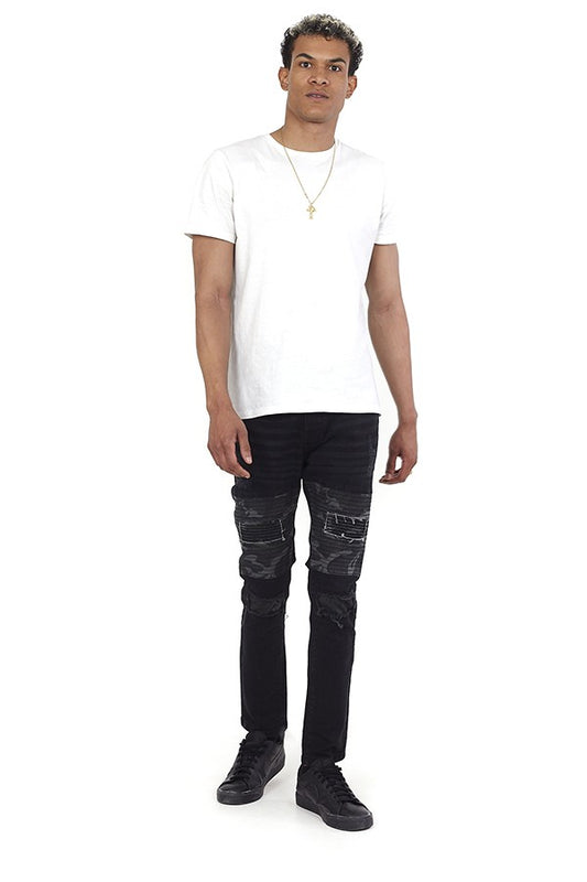 Charcoal Wash Denim Camo Panel Biker Jeans