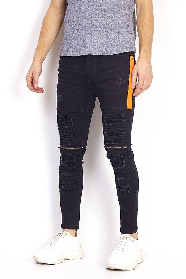 Neon Trim Zip Detail Charcoal Skinny Biker Jeans
