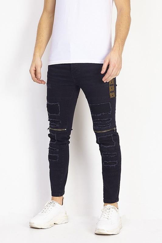 Zip Detail Distressed Charcoal Skinny Jeans