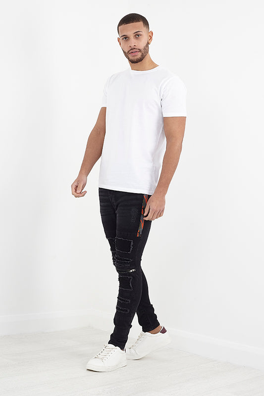 Charcoal Wash Camo Detail Biker Style Denim Jeans
