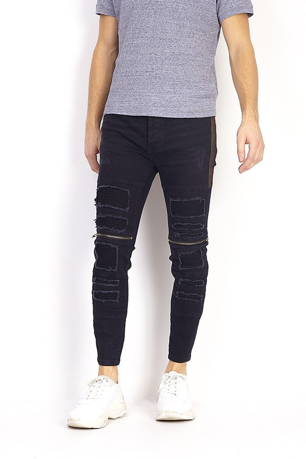 Tape Detail Distressed Charcoal Zipped Skinny Jeans