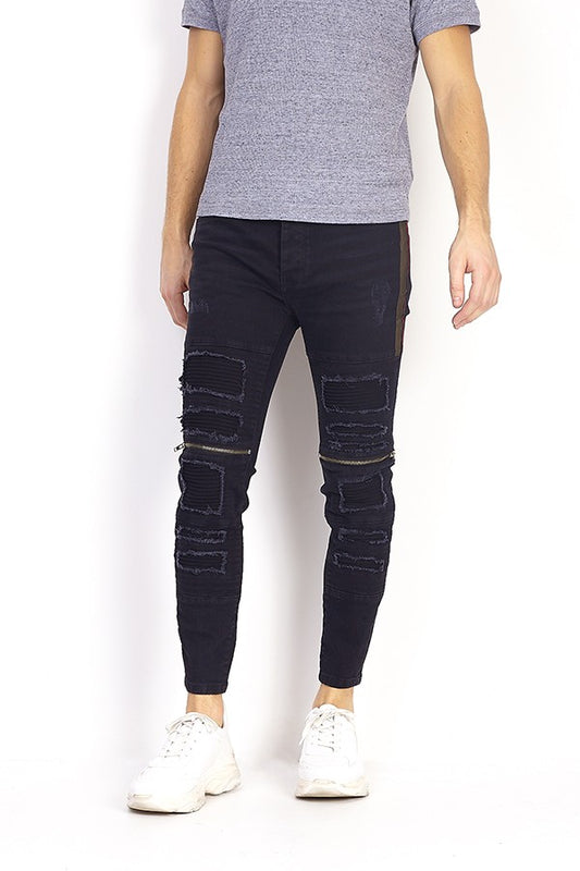 Tape Detail Distressed Charcoal Zipped Skinny Jeans