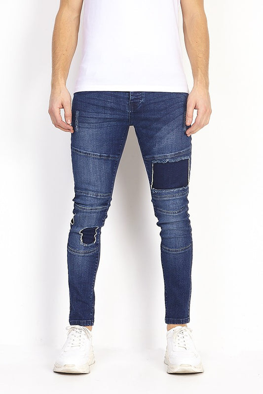 Distressed Patch Detail Skinny Biker Jeans