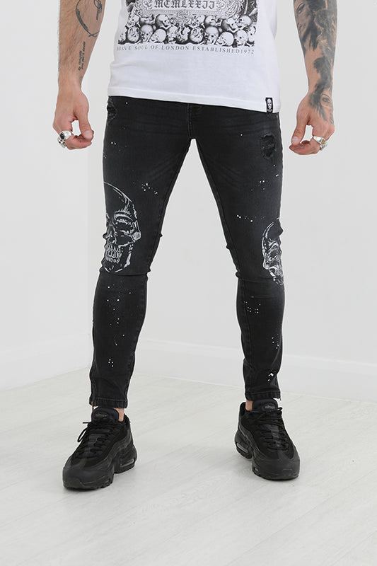 Charcoal Skull Print Zip Hem Detail Denim Jeans
