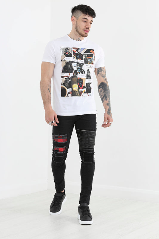 Charcoal Ripped Patch Detail Biker Style Denim Jeans