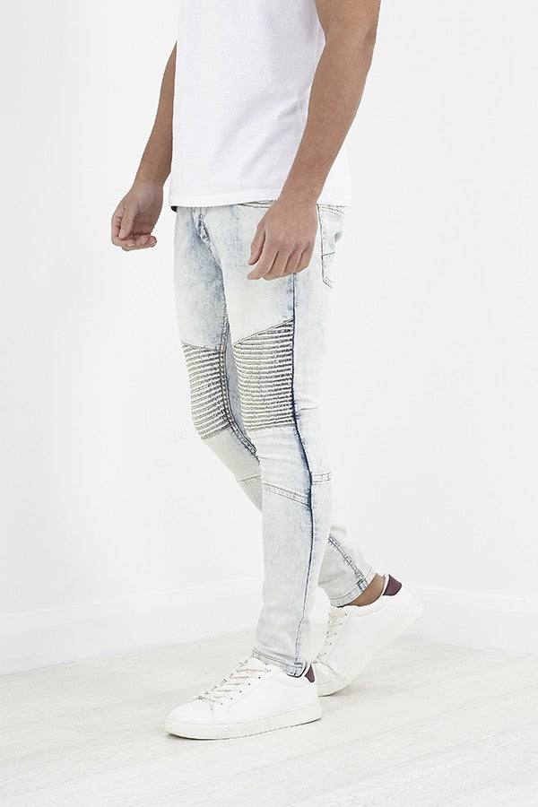 Blue Acid Wash Skinny Fit Biker Panel Denim Jeans