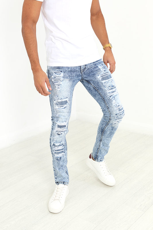 Mid Blue Acid Wash Ripped Skinny Fit Denim Jeans