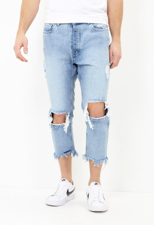 Cut Out Knee Light Blue Cropped Jeans