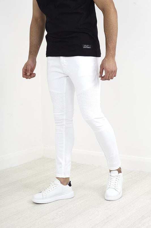 White Biker Style Stitch Detail Skinny Denim Jeans