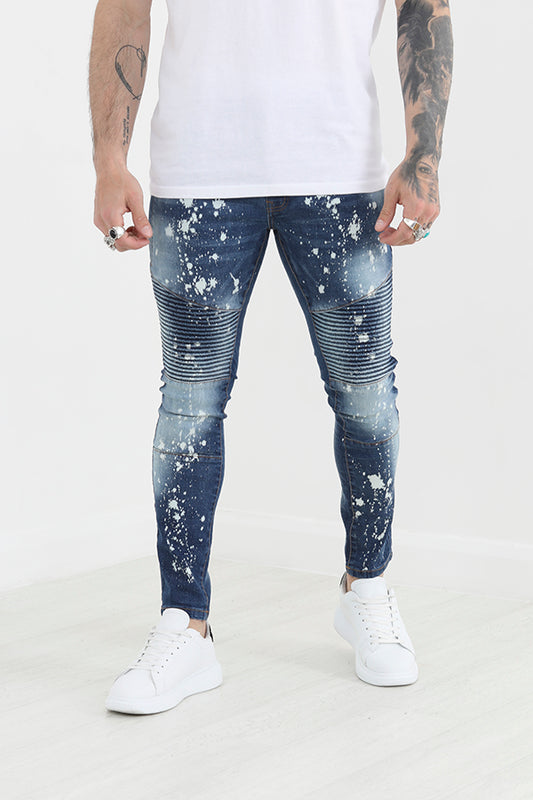 Blue Biker Style Paint Splat Detail Skinny Denim Jeans