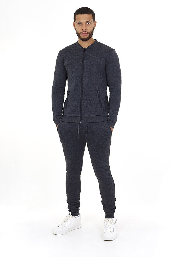 Dark Charcoal Marl Zip Detail Slim Fit Tracksuit