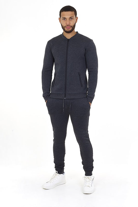Dark Charcoal Marl Zip Detail Slim Fit Tracksuit